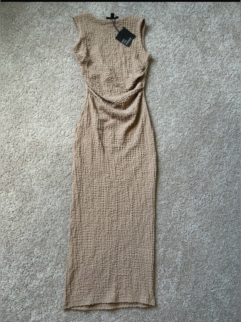 See You Monday Ribbed Knit Sleeveless Dress in Camel Tan